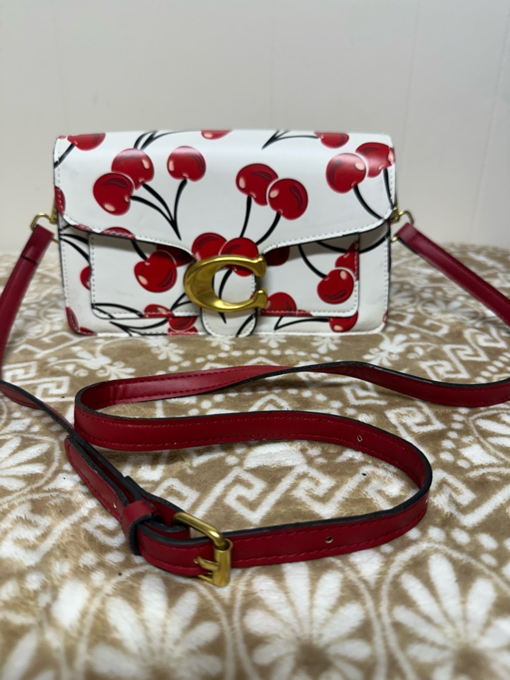 Coach Tabby White Leather Cherry Print Crossbody with Red Strap 22”